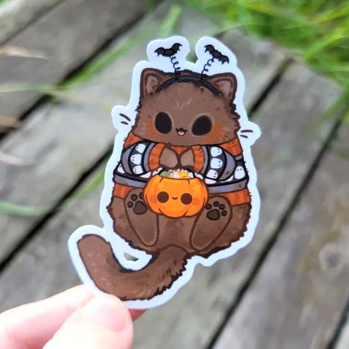 Tiny Cat Vinyl Sticker - Halloween - Trick-or-Treat for wholesale by Katrina Wold Art
