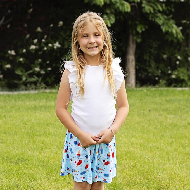 Flickor Vit Ribbad Volangärmlös Topp & Glasskjol för wholesale av Millie Loves Lily