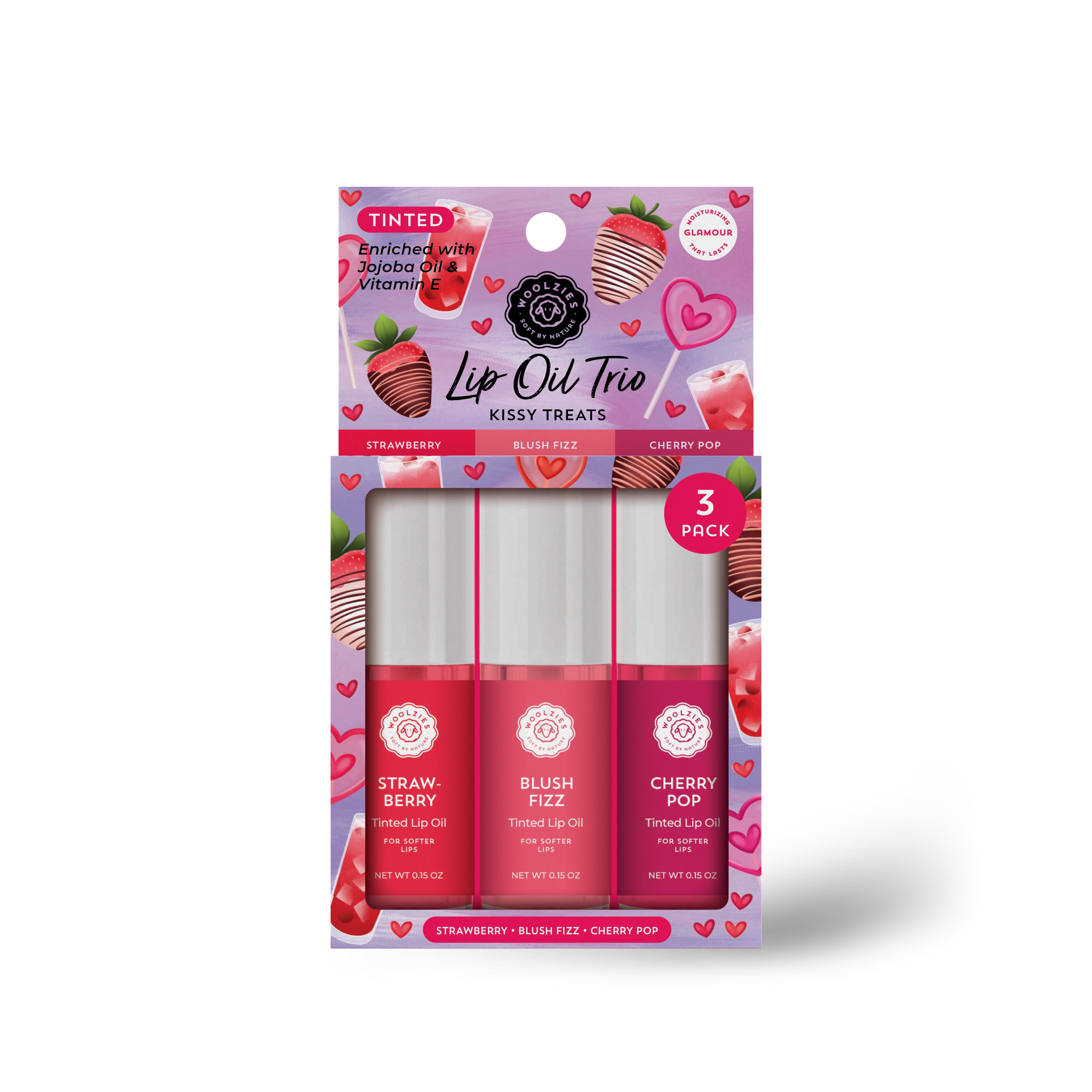 Woolzies - Wholesale Lip Gloss - Tinted Lip Oil Trio- KISSY TREATS - Strawberry, Blush Fizz..3