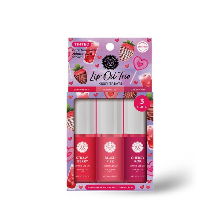 Woolzies - Wholesale Lip-gloss - Tinted Lip Oil Trio- KISSY TREATS - Strawberry, Blush Fizz..3