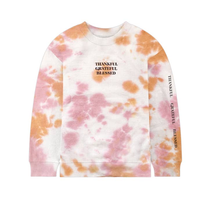 Roze Thankful Tie-Dye sweatshirt met ronde hals voor kinderen, meisjes, jongens voor wholesale door Port 213