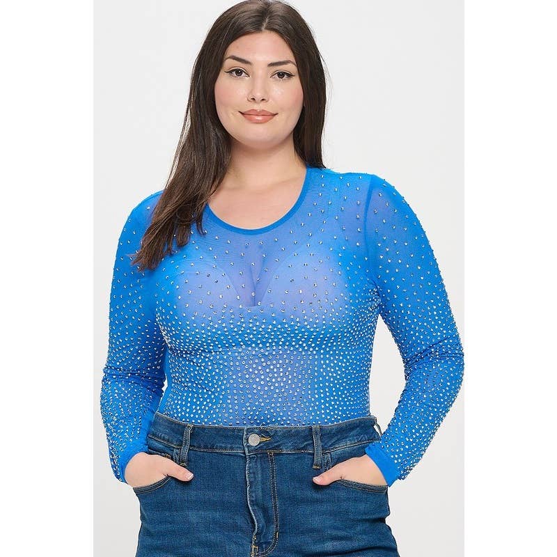 Curve Market - Wholesale Bodysuit - Women's - PLUS SIZE RHINESTONE STUDDED MESH BODYSUIT5