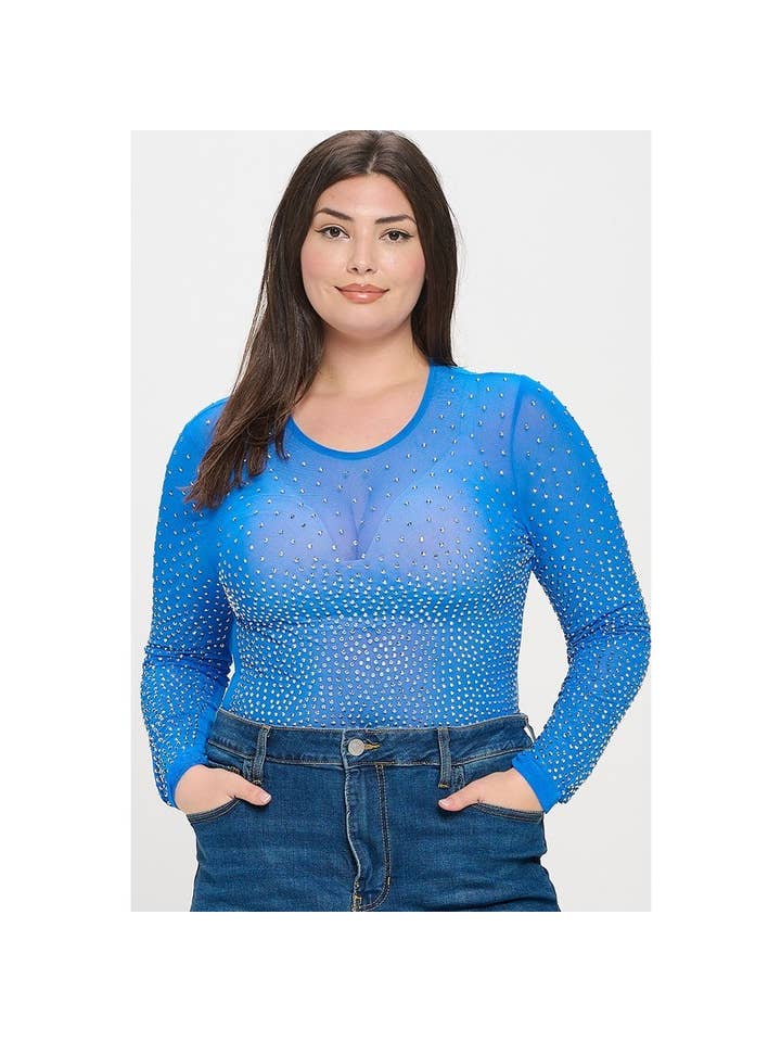 Curve Market - Wholesale Bodysuit - Women's - PLUS SIZE RHINESTONE STUDDED MESH BODYSUIT5