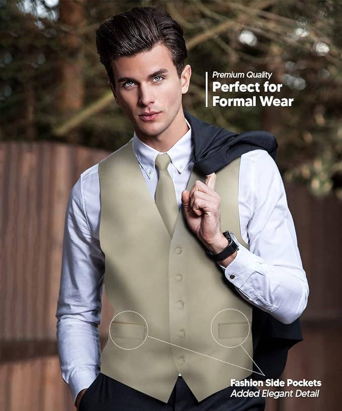 Dubal Brothers - Wholesale Suit Vest - Men's - Vittorio Farina Solid Satin Vest Set (White Back) Var. 01 (Beige-Maize)4