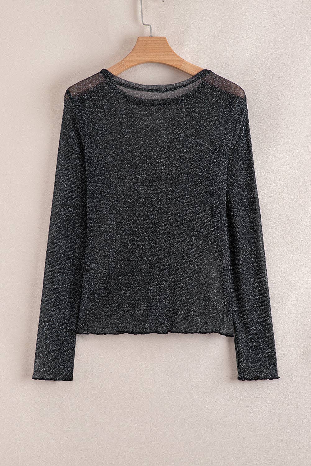 Black Metallic Glitter Mesh Long Sleeve Top for wholesale on Faire6