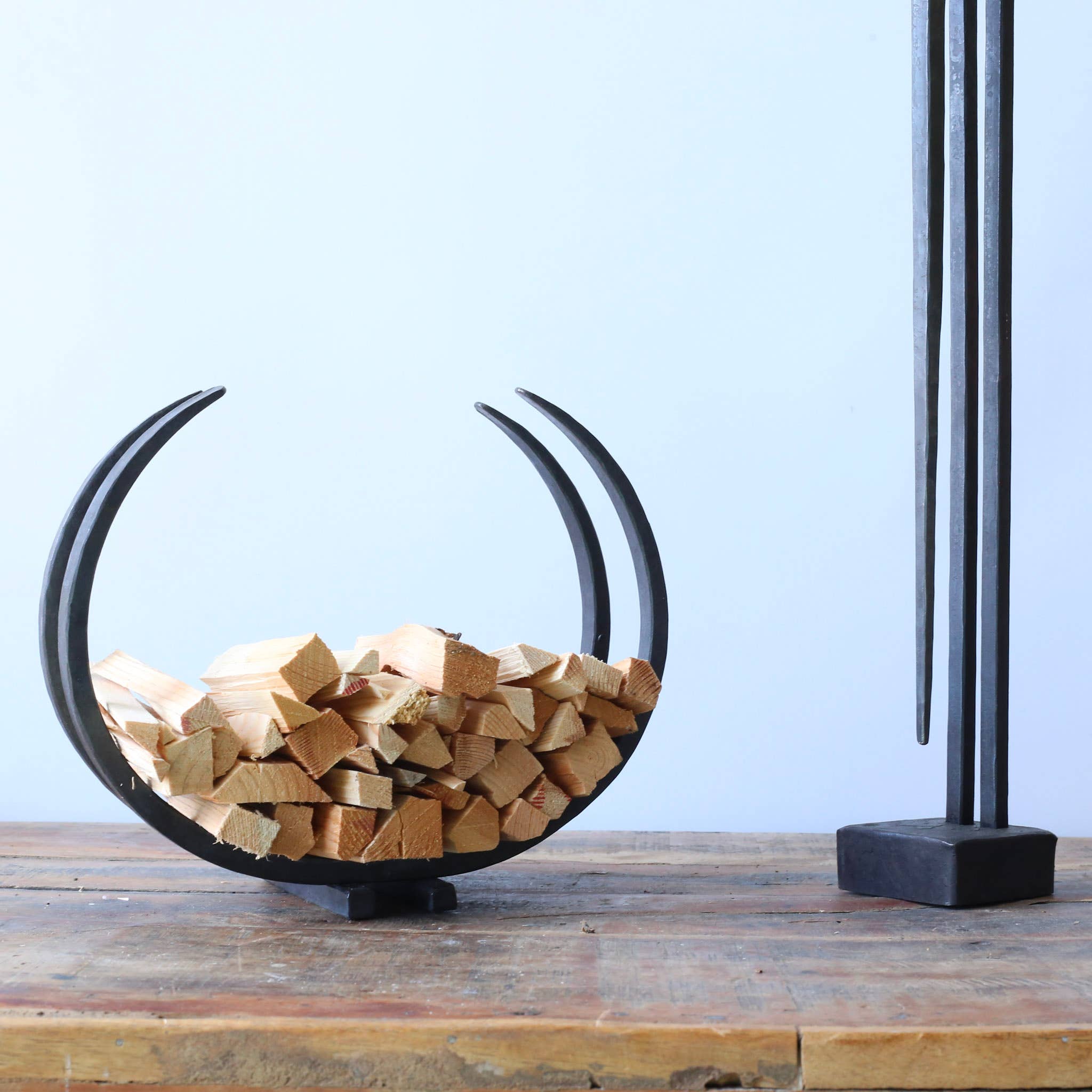 Coach House Forge – wholesale Fireplace mantel – Hand Forged Iron 'Long Horn' Kindling Storage5