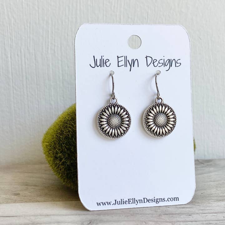 Julie Ellyn Designs - Wholesale Dangle Earrings - Silver Round Sunflower Earrings2
