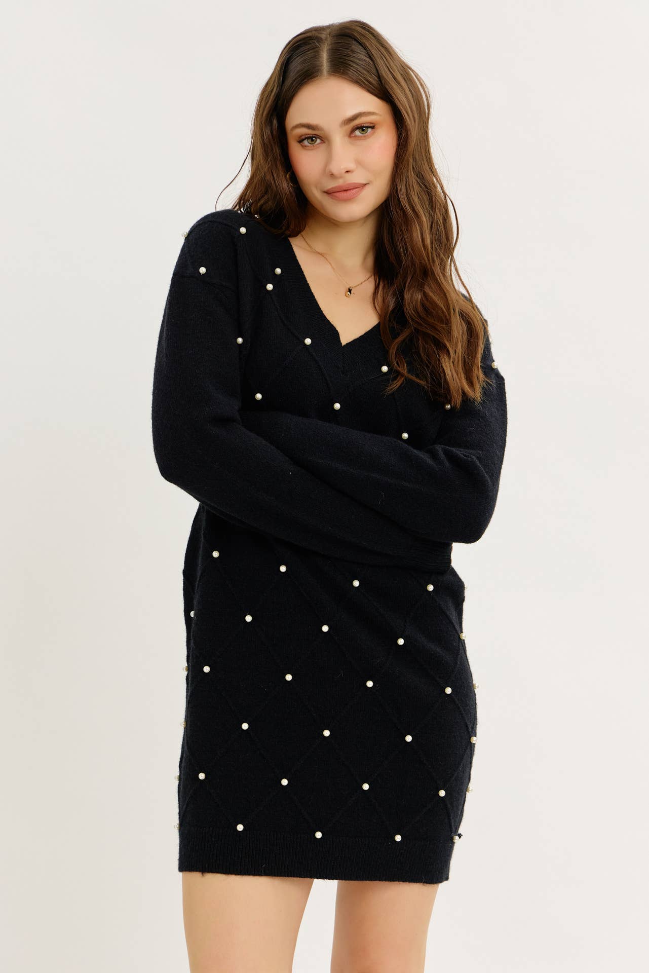 idem ditto - Wholesale Dress - Women's - GLAM MEETS COZY COMFORT PEARL SWEATER MINI DRESS1