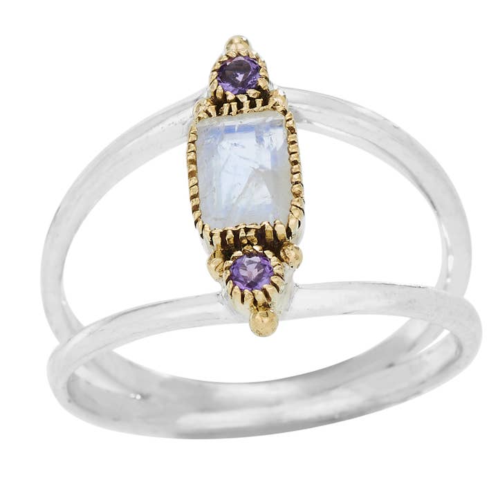 Anel de Banda em Prata Esterlina com Pedra da Lua Arco-Íris e Ametista por atacado de Tiger Mountain Jewelry
