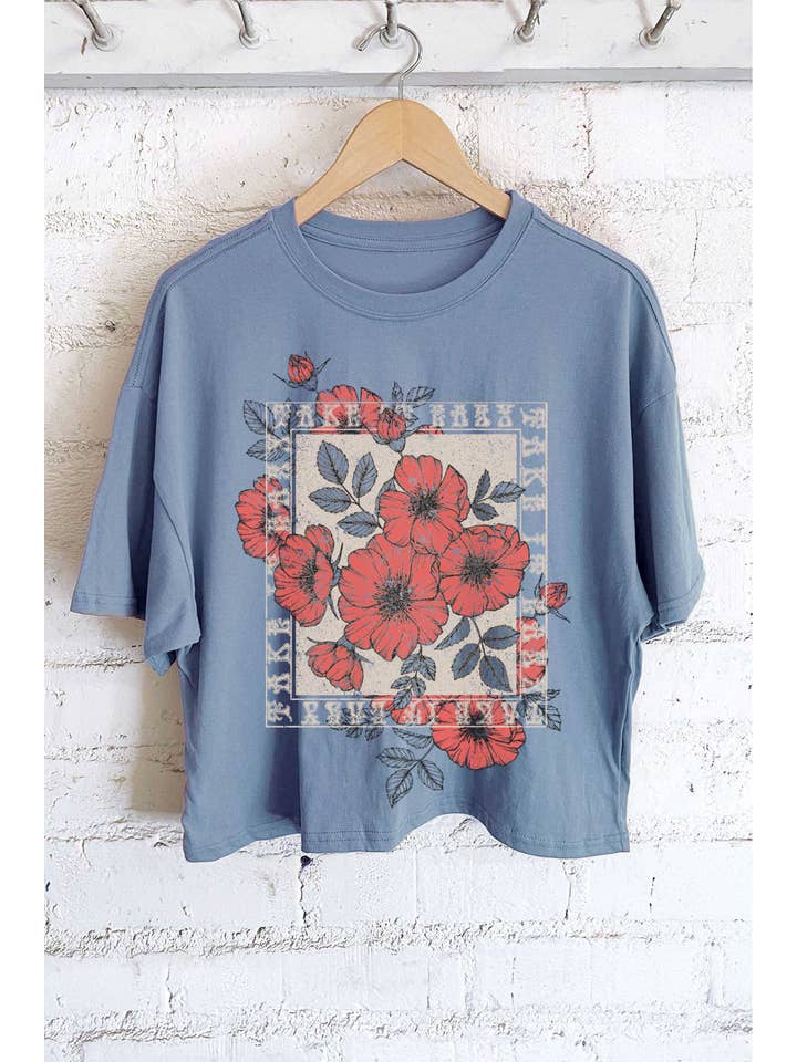 Rustee Clothing - Wholesale Screen Printed T-Shirt - Women's - TAKE IT EASY VINTAGE FLOWER GRAPHIC LONG CROP TOP