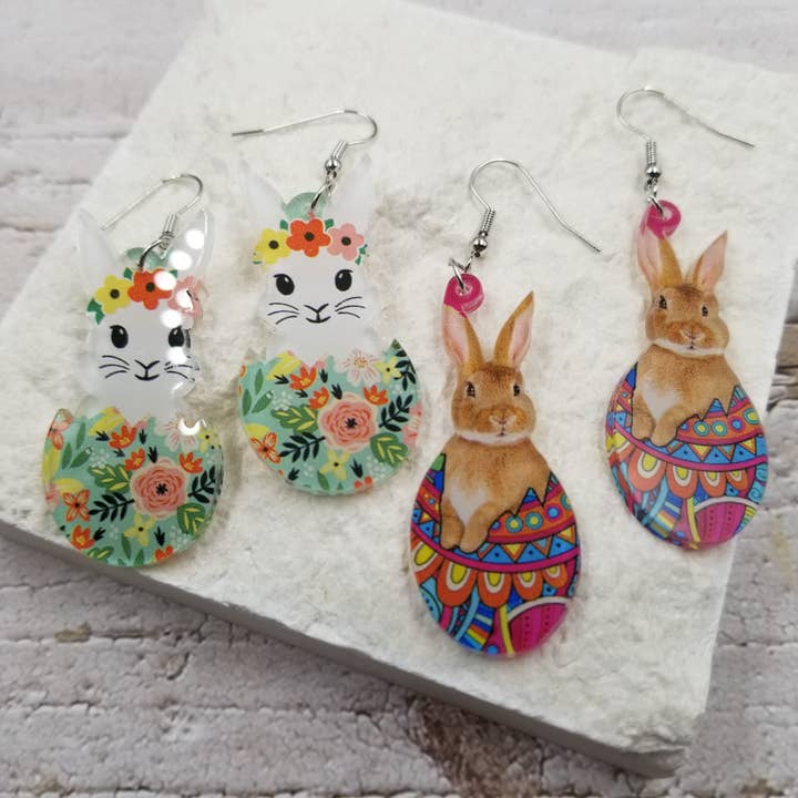 Treasure Wholesale - Wholesale Dangle earrings - Rabbit & Egg & Flower Basket - Easter Earrings1