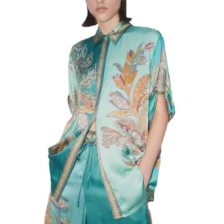 Set van twee stuks 2025 nieuwe vintage print satijnen set met retro chique en modern comfort voor groothandel op Faire11