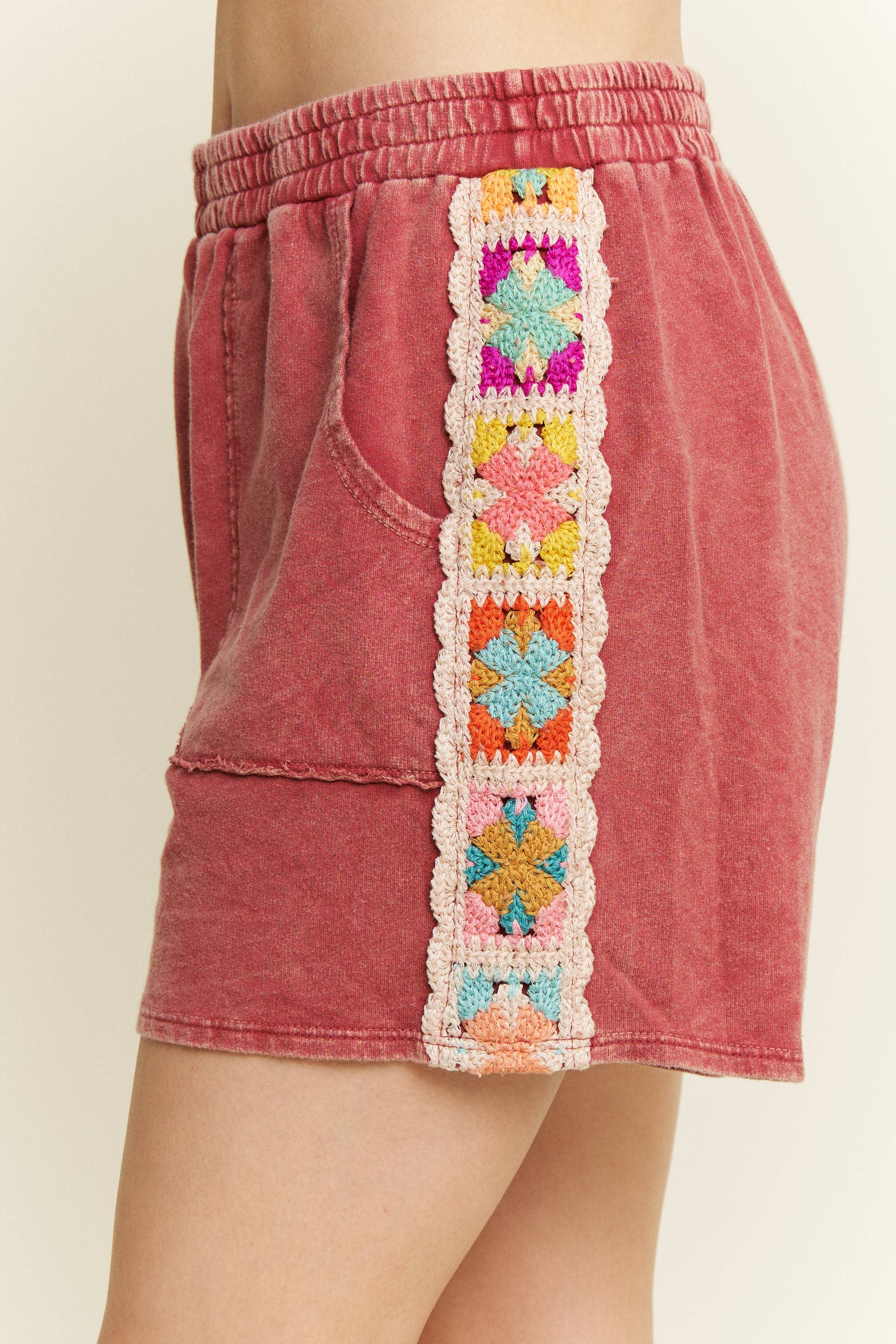 J.Her - Wholesale Shorts - Women's - Mineral Washed Crochet patch side trim Knit Shorts HP648726