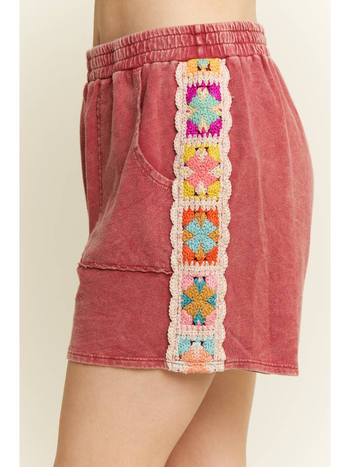 J.Her - Wholesale Shorts - Women's - Mineral Washed Crochet patch side trim Knit Shorts HP648726