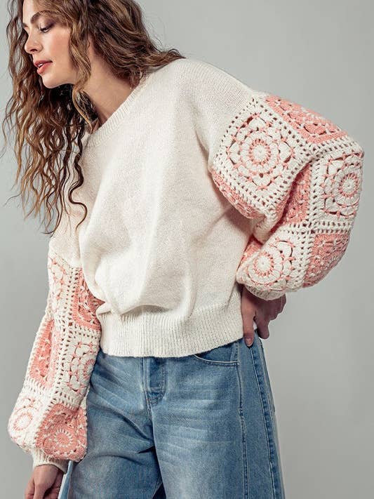IVORY Quilt Blocked Sleeve Crewneck Sweater for wholesale on Faire