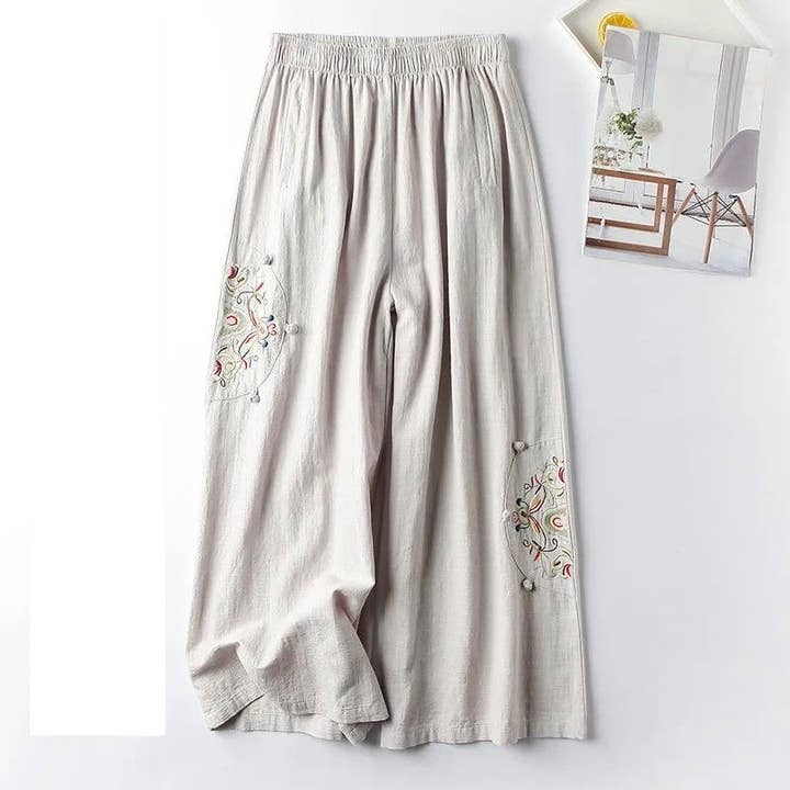 UZ Wholesale Store - Wholesale Pants - Women's - Vintage Embroidered Wide-Leg Cropped Pants3