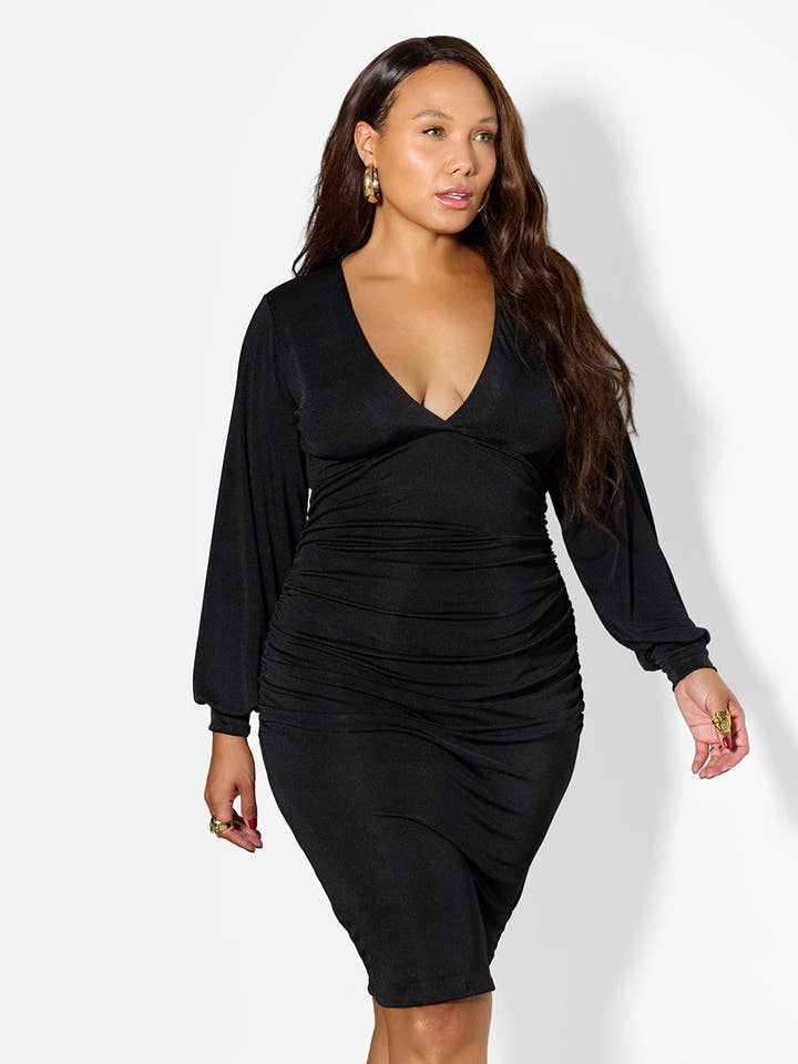 Black Gala Ruched Slinky Plunge Neckline Dress for wholesale on Faire0