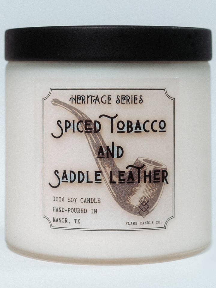 Spiced Tobacco + Saddle Leather for wholesale by Flame Candle Company