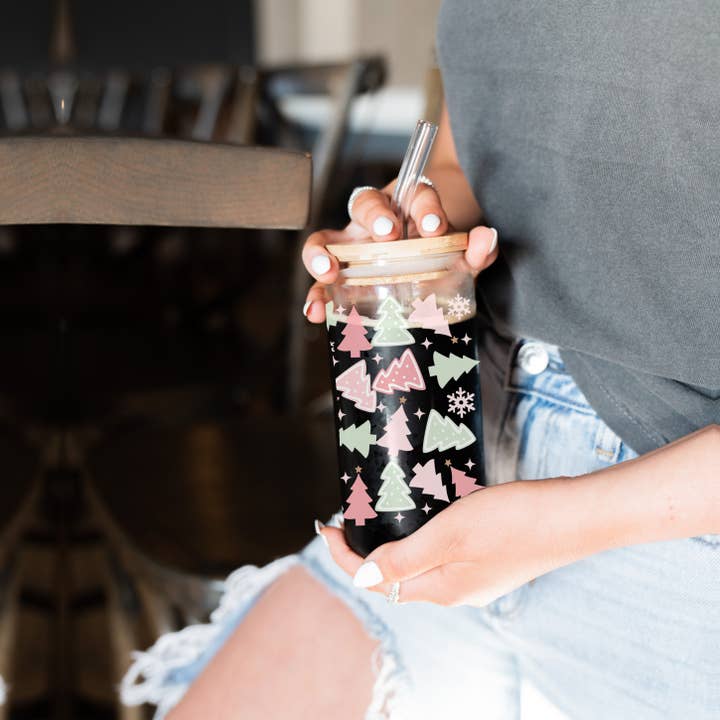 Gia Roma - Venta al por mayor Vaso/copa - Tazas de cristal para café navideñas con pajitas y tapa de madera, diseño de copos de nieve56