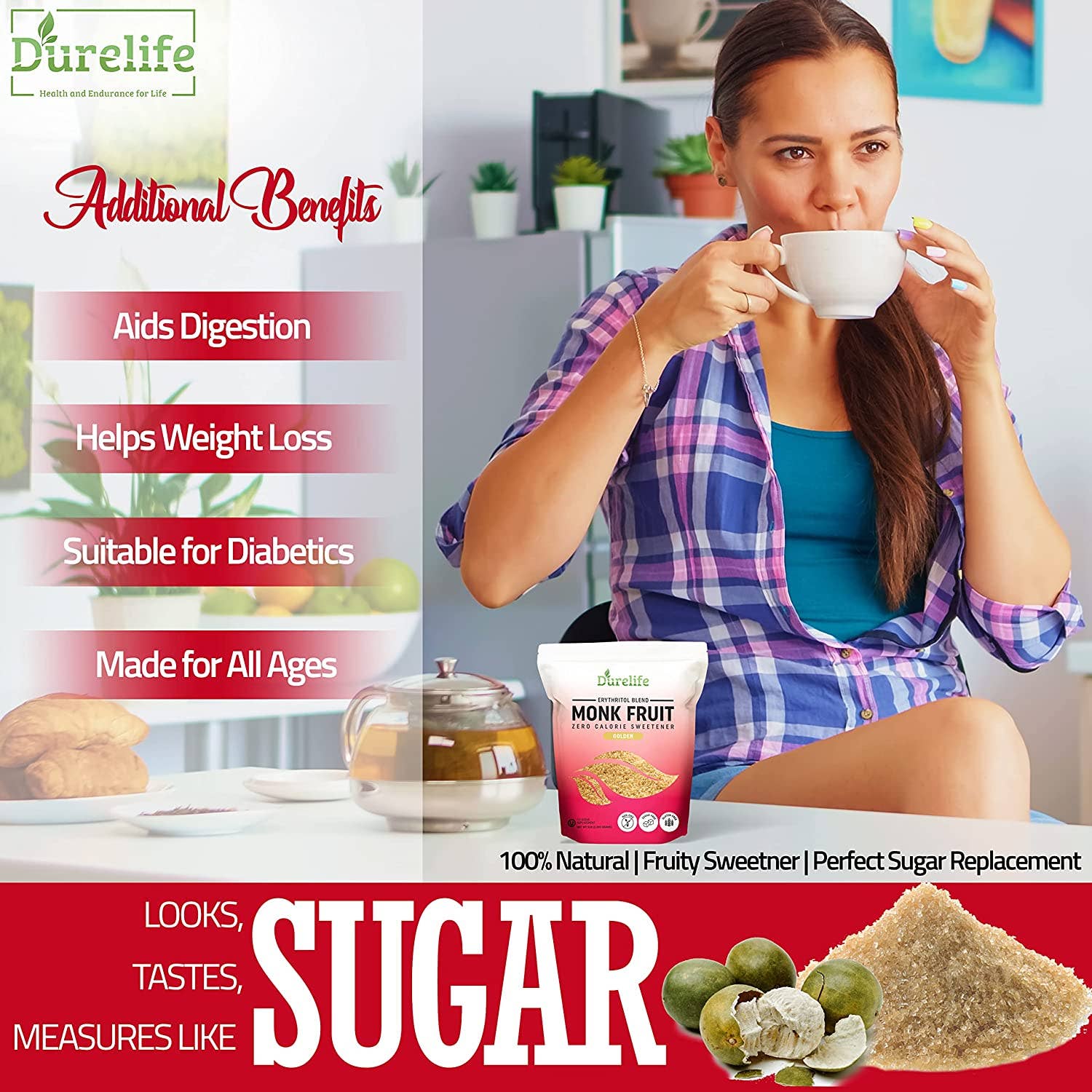 Durelife - Wholesale Sugar/Sweetener - Durelife Golden Monk Fruit Sweetener, 1:1 Sugar Replacement,6