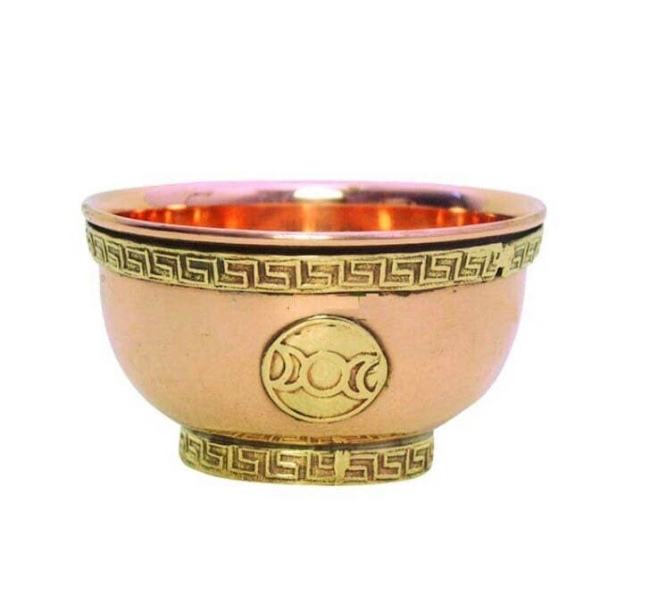 Desarwen - Vendita all'ingrosso Attrezzatura per meditazione - Calderone in rame per rituali magici con triquetra, fiore della vita e luna tripla7