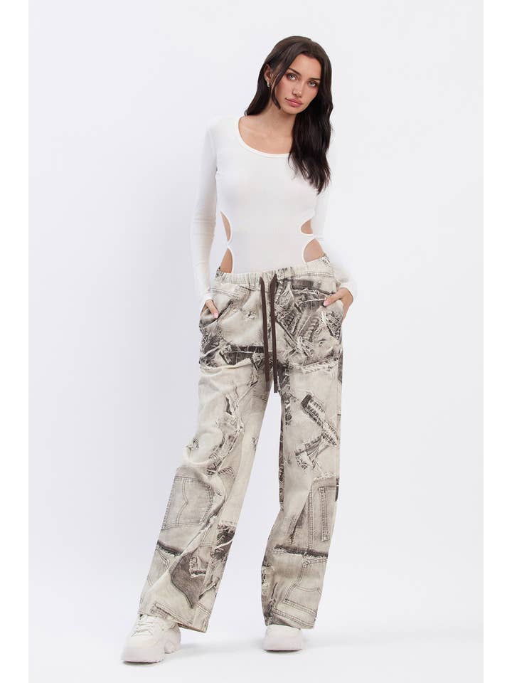 No Vacancy - Wholesale Pants - Women's - Denim print wide legged pants w/ drawstring8