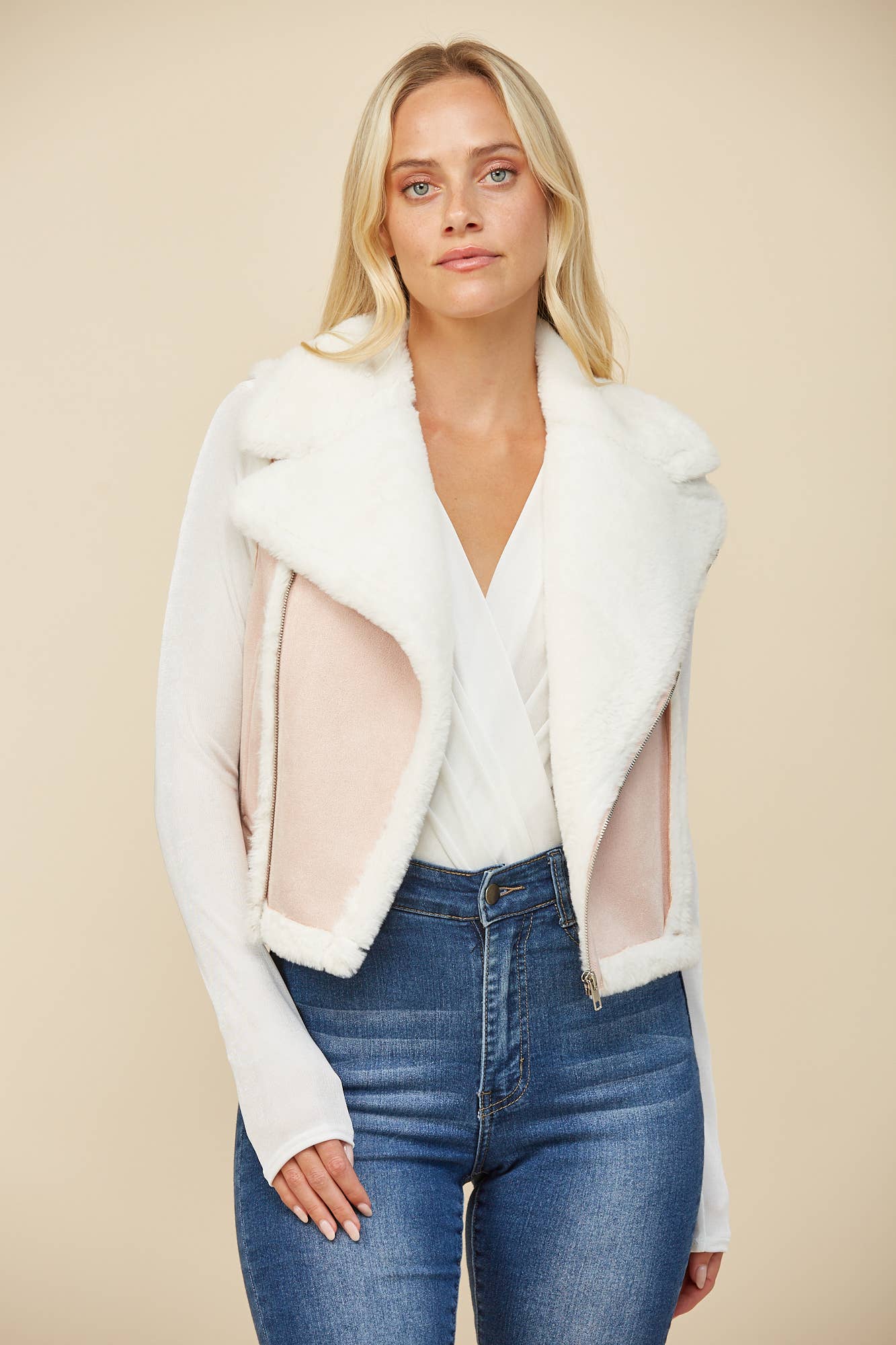 WISTERIA LANE - Vente Veste sans manches – femme - GILET EN PEAU DE MOUTON CONTRASTÉE 6433 BLUSH10