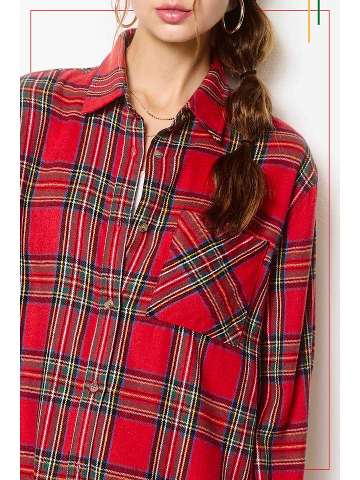 La Miel - Wholesale Button Down Shirt - Women's - SRT7807-Loose Fit Button Down Soft Fabric Plaid Shirts