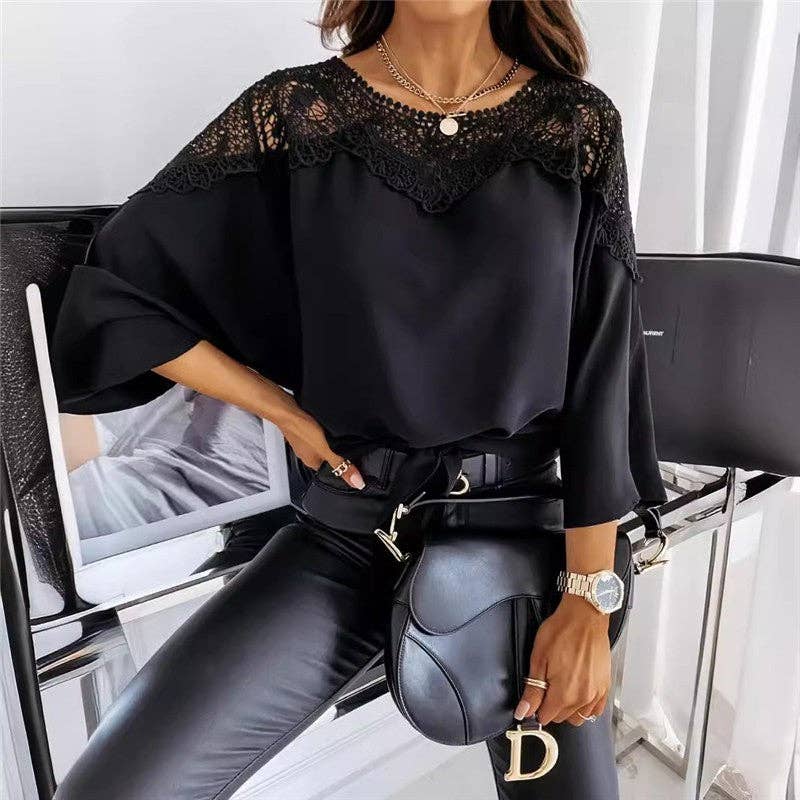 Sheer Trend - Wholesale Blouse - Women's - Round Neck Long Sleeve Lace Trim Shirt4