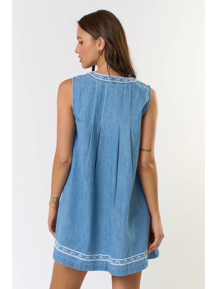 ILD5211 SLEEVELESS EMBROIDERED DENIM DRESS for wholesale on Faire