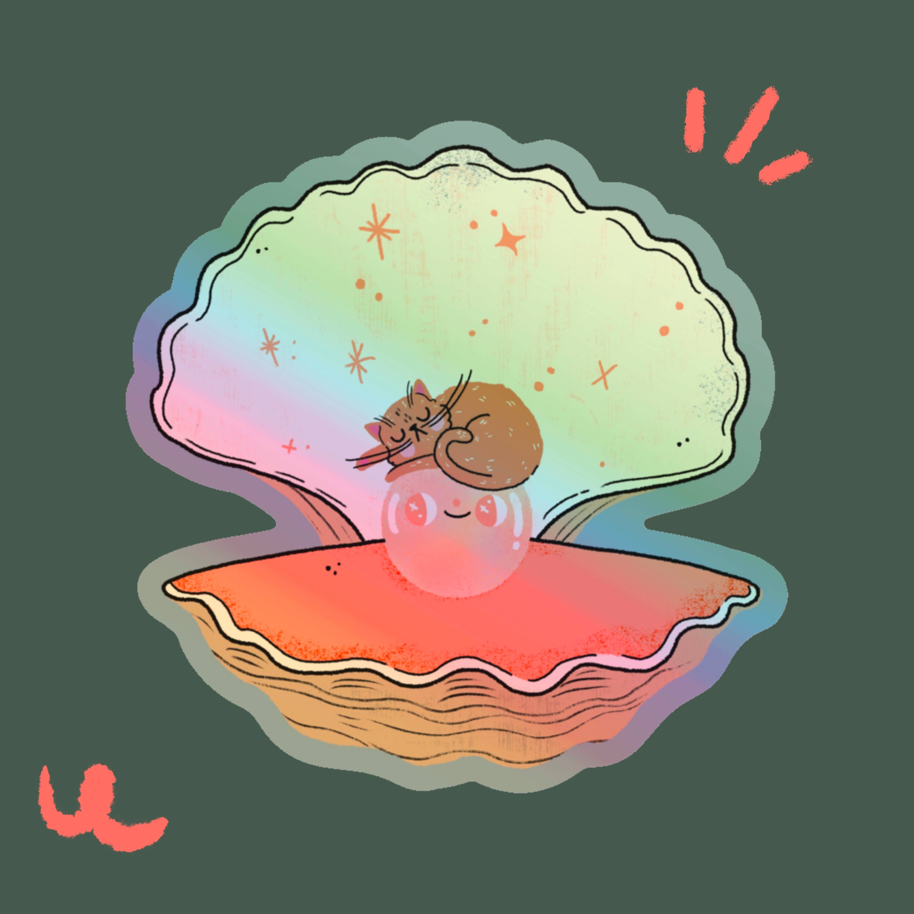 Bloemkolie - Wholesale Sticker - Holographic Oyster & Cat Vinyl Sticker (Waterproof, dishwash