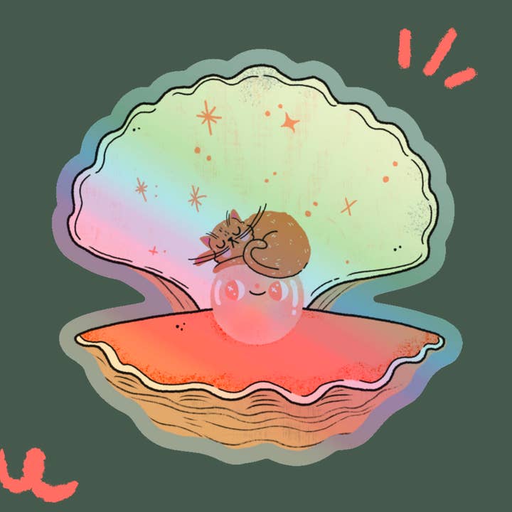 Holographic Oyster & Cat Vinyl Sticker (Waterproof, dishwash for wholesale by Bloemkolie