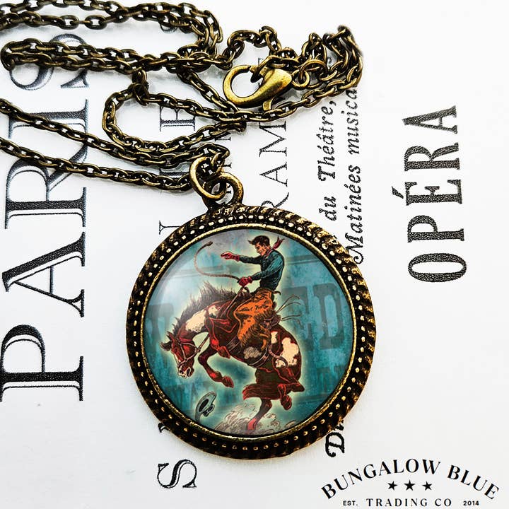 Wild West Cowboy Glass Pendant Necklace for wholesale by Bungalow Blue Trading Co