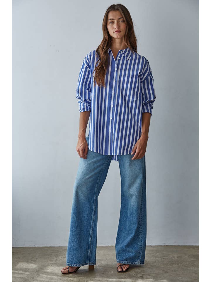 Blue White LAR1050 | Woven Cotton Striped Button Down Shirt Top for wholesale on Faire1