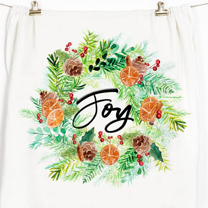Joy Wreath Tea Towel for wholesale by Honey Brush Design®