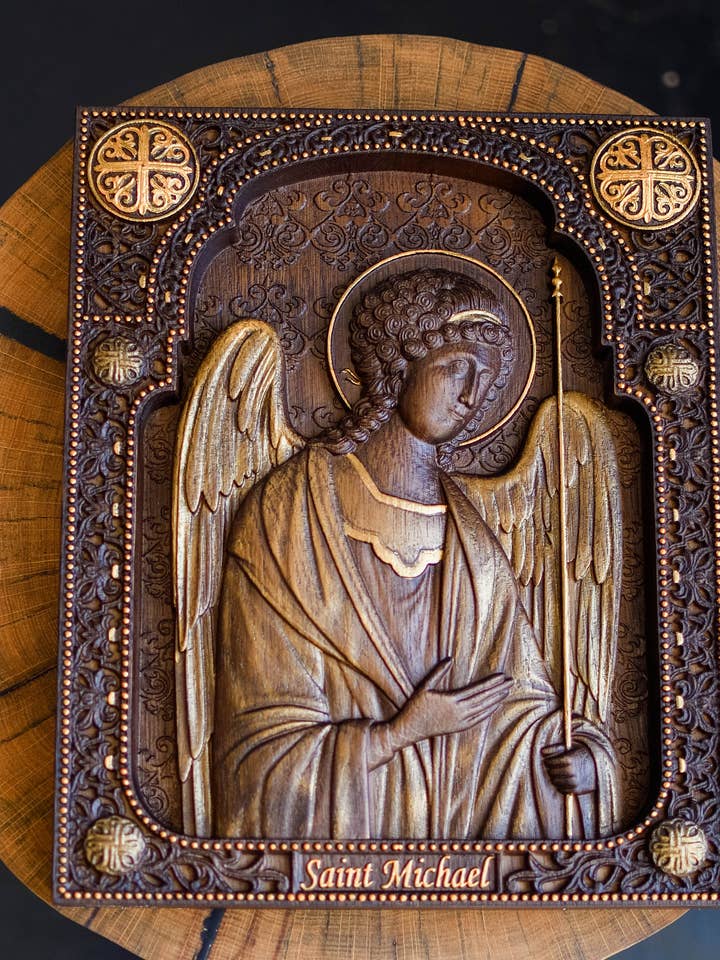 Handmade modern decor wooden wall art of Archangel Michael for wholesale by KozakWorkshop
