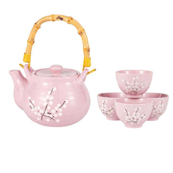 Pink Ume Plum Blossoms Tea Set 27oz Tea Pot with 4 Cups (1/12) for wholesale by Urban Tokyo
