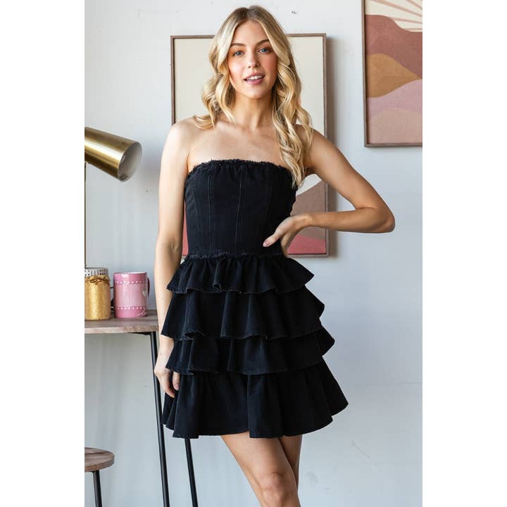 MINIVESTIDO CON VOLANTES EN TUBO DE MEZCLILLA para venta al por mayor de Veveret