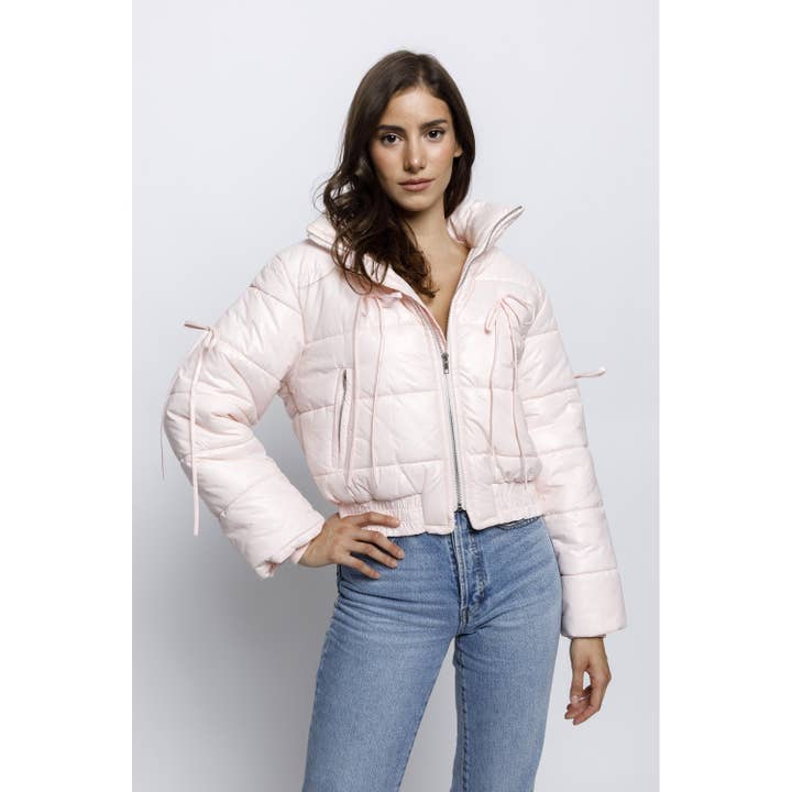 PINK JT6514- SOLID RIBBON BOW PUFFER JACKET for wholesale on Faire