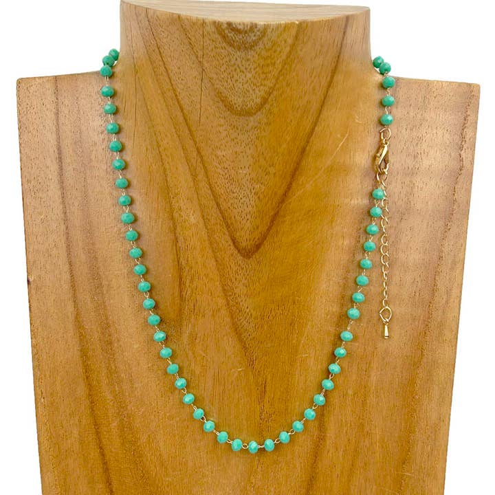 NKZ231116-30 15 Inches golden metal chain with green face cut crystal beads Necklace for wholesale by Western Elite Jewelry