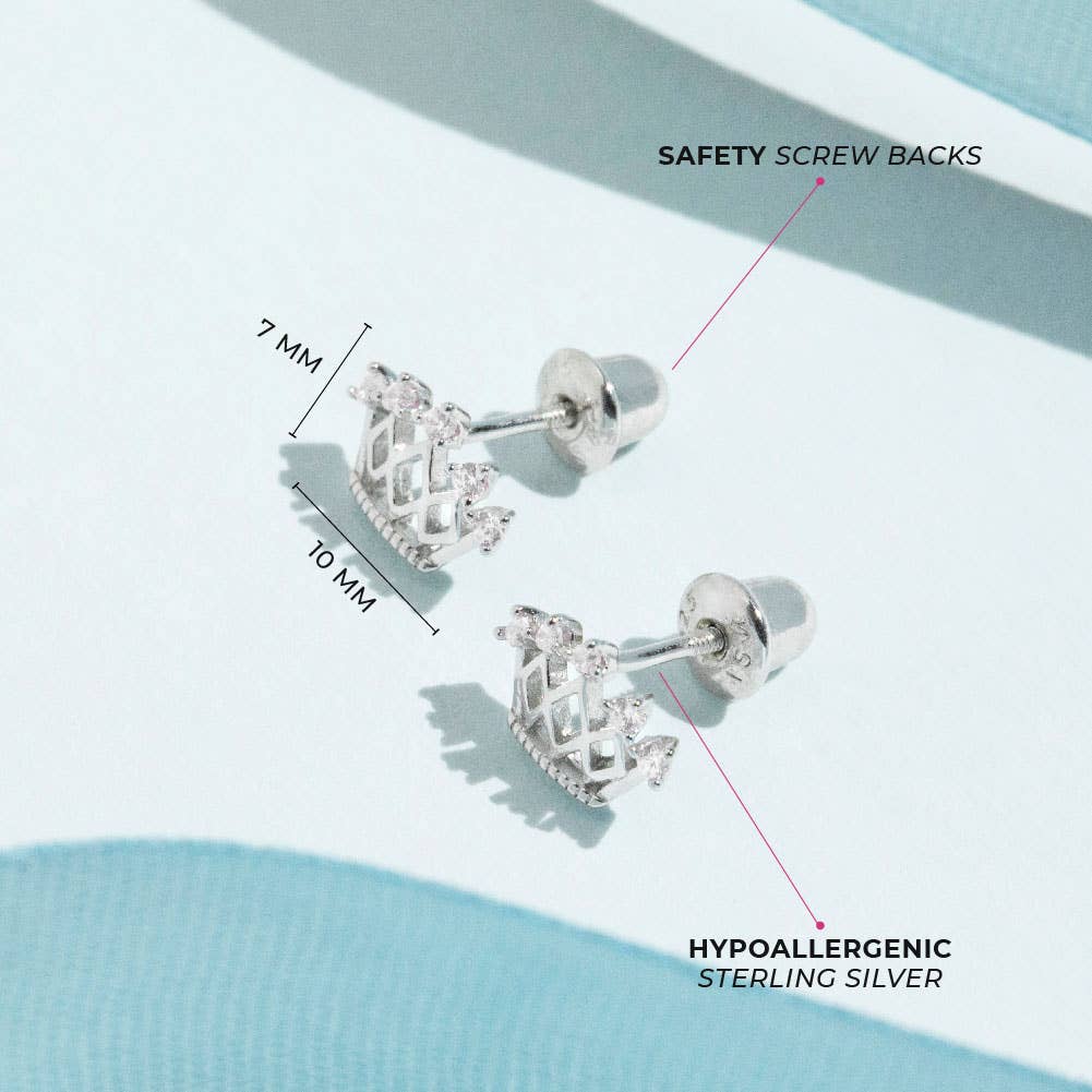In Season Jewelry - Wholesale Earrings - Kids - 5 Point CZ Crown Baby / Toddler Earrings - Sterling Silver7