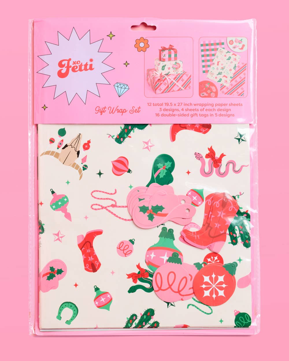 xo, Fetti - Wholesale Flat Wrap - Western Wrapping Paper Set - 12 sheets + 16 tags, Christmas Gifting1