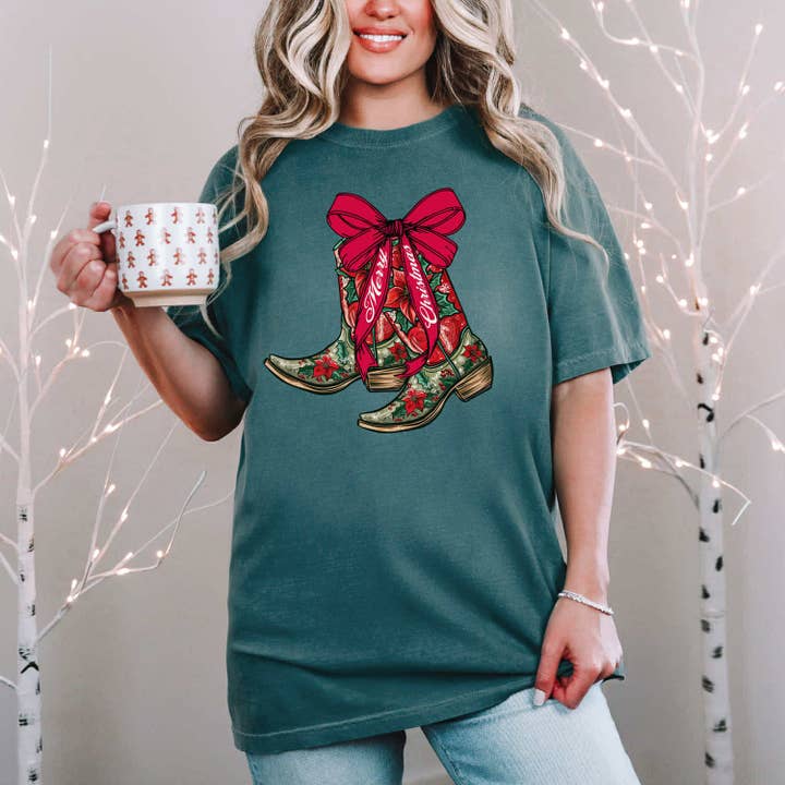 Merry Christmas Cowgirl Boots Tee for wholesale by Trendy Tee Co.