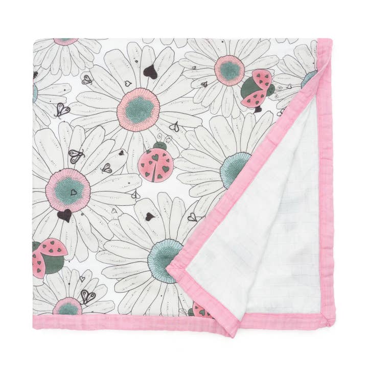 Daisy Bug Baby Muslin Swaddle Blanket for wholesale by Jump Off Jo