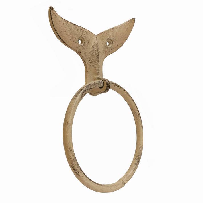 Hampton Nautical – wholesale Wall hook – Aged White Cast Iron Whale Tail Towel Holder 7.5"