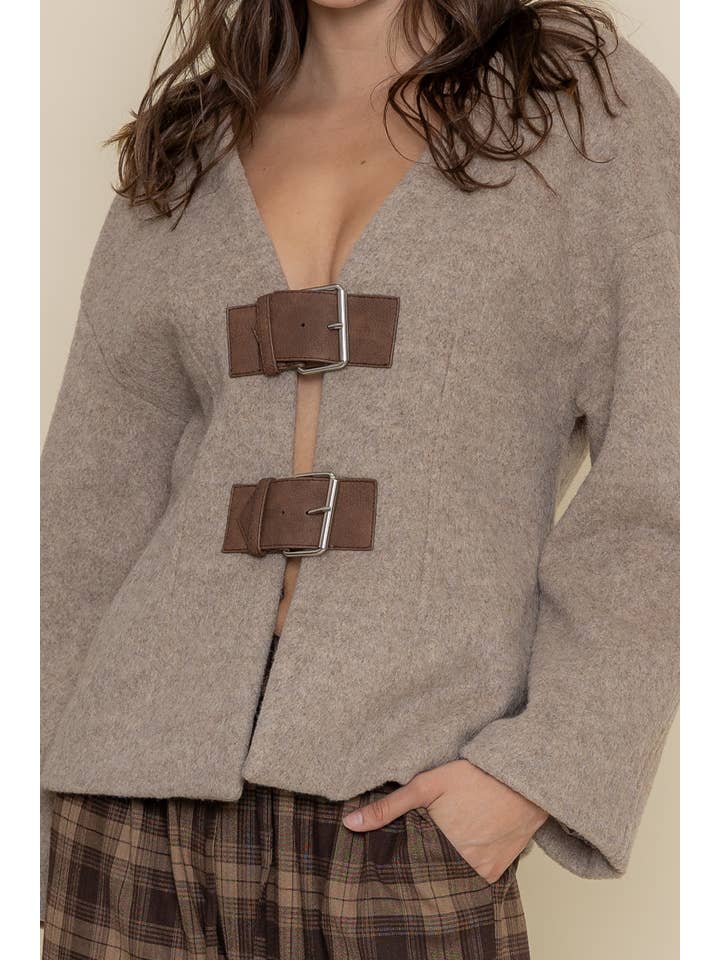 MELANGE MOHAIRT BELTED JACKET- OI6520FO for wholesale on Faire