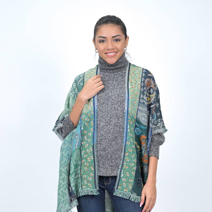 Paloma Multicolor Paisley Poncho - Green for wholesale by Vismaya - A Brand by Shivani LLC