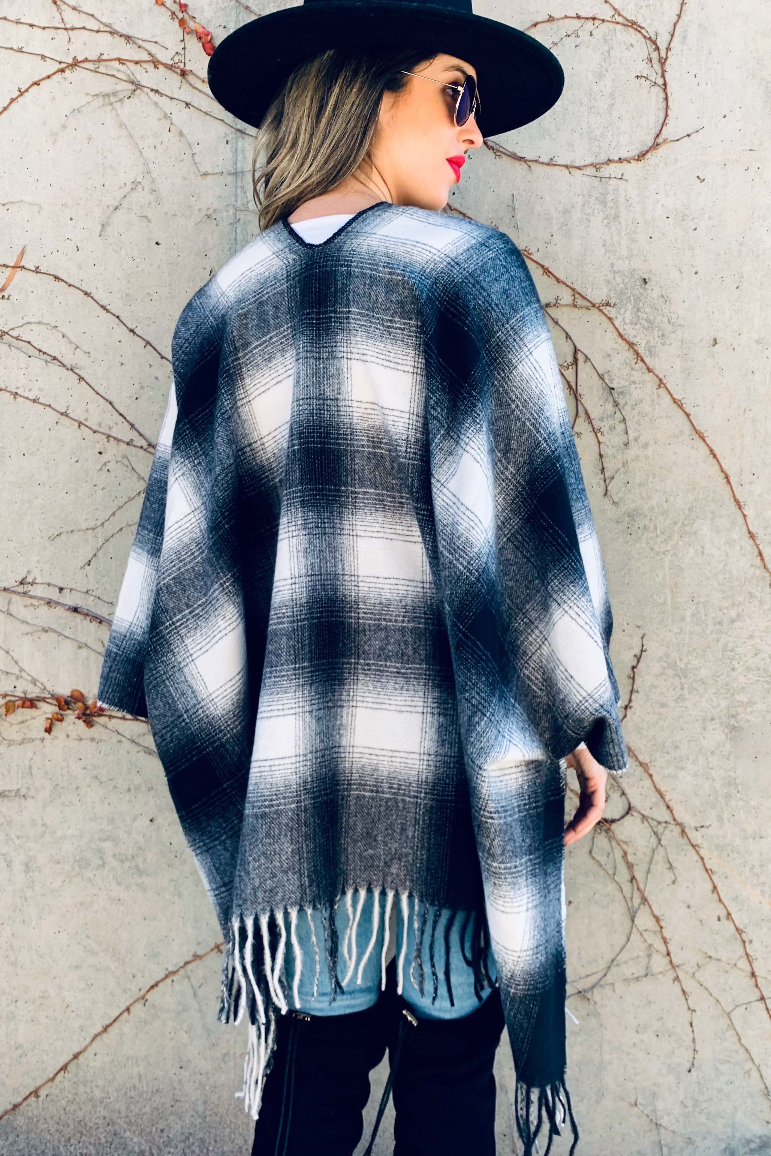 Black Plaid Printed Cozy Knitted Kimono Cardigan With Fringe for wholesale on Faire6