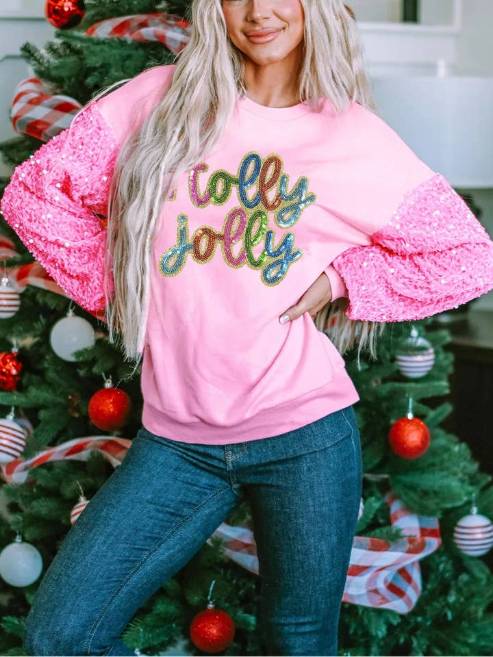 Pink Holly Jolly Sequin Letter Graphic Drop Shoulder Patchwork Long Sleeve Top for wholesale on Faire2