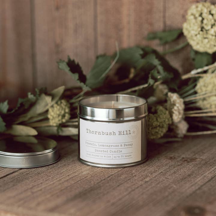 Freesia, Lemongrass and Peony Tin Candle for wholesale by thornbushhill